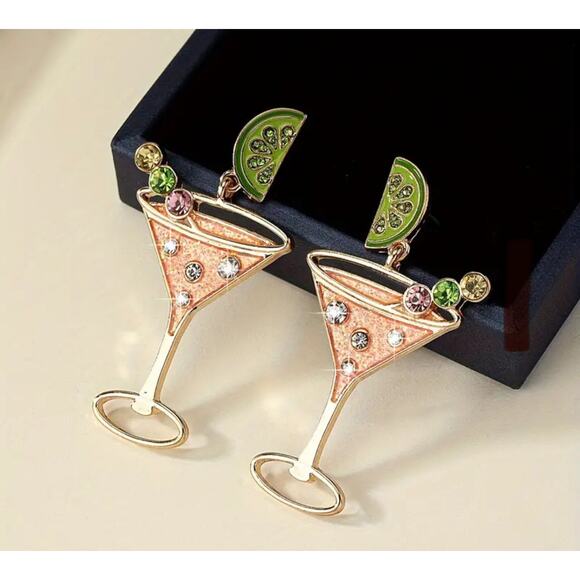 Extra Dirty Glam Martini Cocktail Design Glamorous Rhinestone Inlaid Earrings - Picture 2 of 3
